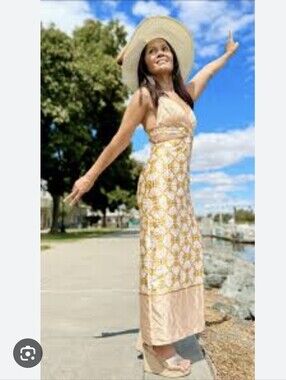 House Of Harlow Satin Cutout Retro 70s Maxi Dress, Size M Summer Vacation NWT